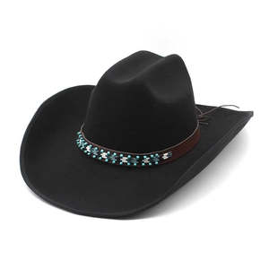 Western Cowboyhut Filz Breiter Rand Mit Ethnischem Perlen Lederband Retro Jazz Kappe Fedora Für Herren Damen