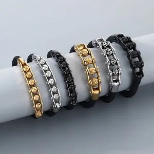 Punk Stainless Steel Skull Mantra Bead Braided Leather Bracelet Men Biker Motorcycle Chain Hardcore Jewelry
