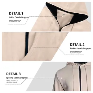 Beige fleece hooded sweatshirt with black contrast lining and zipper details for winter
