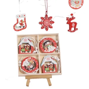 Wooden Christmas hanging ornaments set with snowflake and reindeer for home door decor