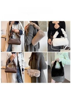 Detailed collage of plush faux fur shoulder bags in brown, beige, white, and black colors