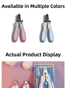 Close-up of stainless steel pet nail clipper and file set in pink and blue colors