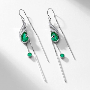 S925 silver long peacock earrings with green emerald drop stones and fine dangling chains