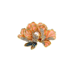 Elegant enamel peony flower brooch with pink petals and pearl detail on white background