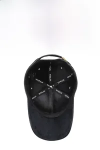 Internal details of warm winter leather baseball cap showing breathable lining and seams