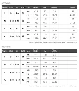 Detailed size chart for women's two-piece print suit featuring UK, US, and EU measurements