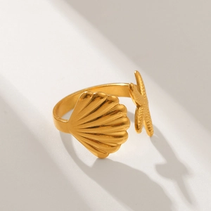 Gold stainless steel starfish and seashell open ring with adjustable minimalist design