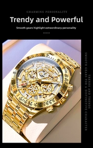 Detailed close-up of OLEVS gold skeleton watch face with tachymeter and steel strap