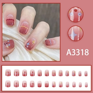 Summer nail set with 24 pieces of gradient pink and burgundy stars wave pattern patches