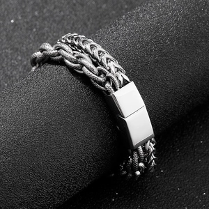 Mens silver double-strand stainless steel dragon bone and O-chain bracelet with clasp