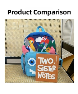 Blue cartoon dinosaur backpack for kids with 3D horns shown next to an orange book for size