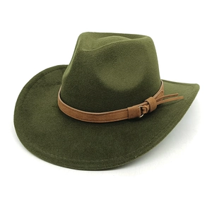 Detail view of olive green wool felt wide brim cowboy hat with brown suede band