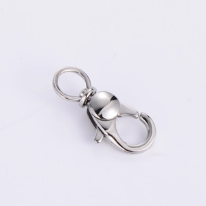 Detailed view of polished silver metal lobster clasp with spring hook for bags and DIY