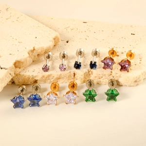 Stainless Steel Stud Earrings With Colorful Cubic Zirconia Geometric Star Heart Square Screw Back Hypoallergenic For Women