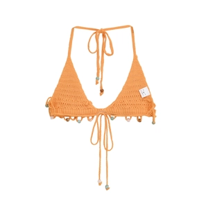 Detailed macro view of orange crochet bikini top with colorful bead accents and knits