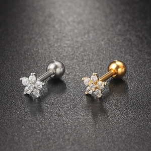 Pair of gold and silver flower stud earrings with sparkling cubic zirconia and screw backs