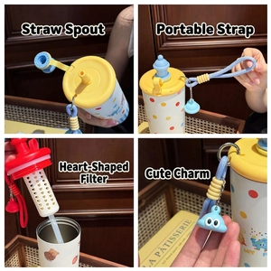 Cute cartoon stainless steel thermos cup with straw, heart filter and portable lanyard