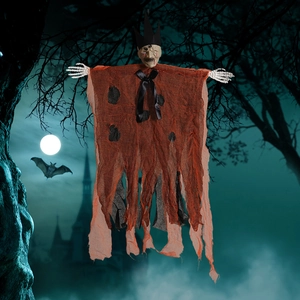 Halloween hanging skeleton ghost in orange and black robes against a spooky graveyard background