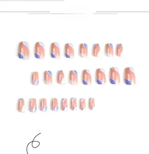 Detail view of square round press-on nails with lavender and blue wavy line patterns