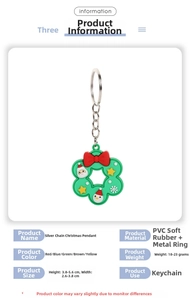 Detail showing dimensions of Christmas PVC keychain wreath with Santa and snowman motifs