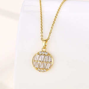 Round Disc Pendant Necklace Stainless Steel Micro Pave Cubic Zirconia Geometric Jewelry For Women