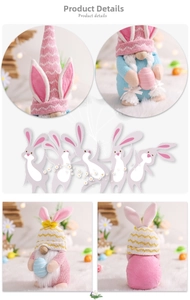 Detail of Easter gnomes with rabbit ears holding colorful eggs in knitted fabric
