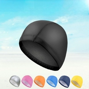 Detailed view of black PU swimming cap with six additional color swatches for pool use