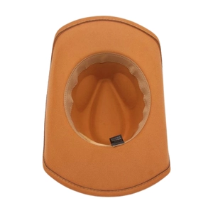 Inside view of felt cowboy hat showing the sweatband and material label detail