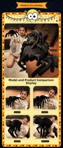 Detailed size comparison of black spider plush toys held by model for Halloween decor