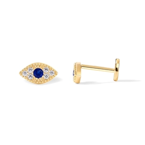Detailed view of 16G gold evil eye stud earring with blue stone and flat back screw