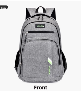 Detailed front view of grey business backpack showing mesh side pocket and zippers