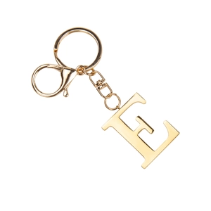 Close-up of golden letter E stainless steel keychain with lobster clasp and chain