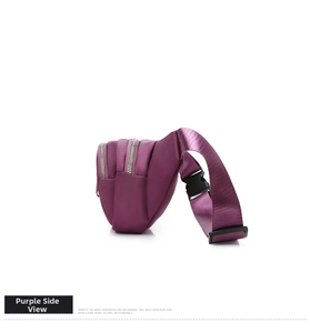 Detail view of purple nylon waist bag featuring multiple compartments and adjustable strap