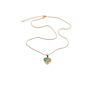 Close-up of heart-shaped green enamel rainbow pendant on adjustable golden chain necklace