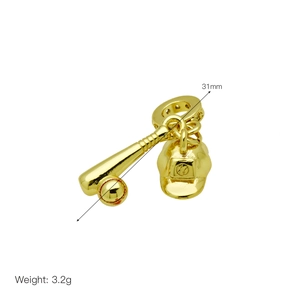 Detail view of golden baseball pendant set with bat and helmet, weight 3.2g and length 31mm
