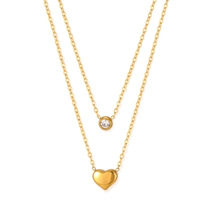 Double-layered gold stainless steel necklace featuring heart pendant and zircon stone