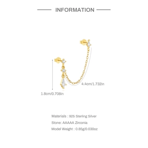 Detailed view of S925 sterling silver chain earrings with cubic zirconia and dimensions