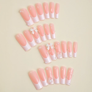 Extra long coffin press on nails with French pink gradient, 3D bows, pearls and bears
