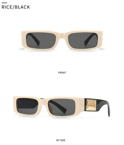 Front and side view of narrow square sunglasses with beige black frame and gold metal detail