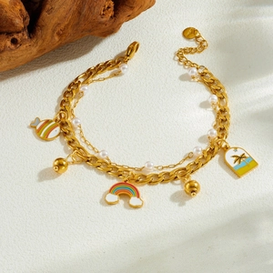 Double-layered gold stainless steel bracelet with rainbow, pearl, and summer charms