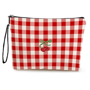 Borsa Per Cosmetici Gingham Stampa Ciliegie Pochette Trucco In Lino Fine Con Cinturino Da Polso Organizzatore Da Viaggio