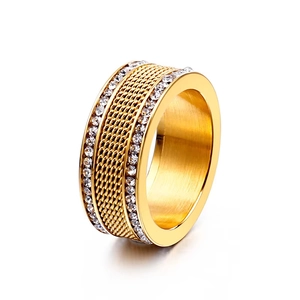 Fashionable gold braided mesh ring for women with double rows of white rhinestones