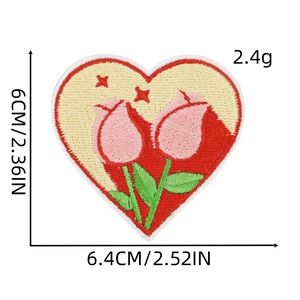 Detailed dimension view of heart rose embroidery patch showing 6.4x6cm size and weight