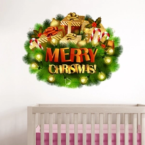 Detailed Christmas wall sticker with pine wreath and golden Merry Christmas text over a crib