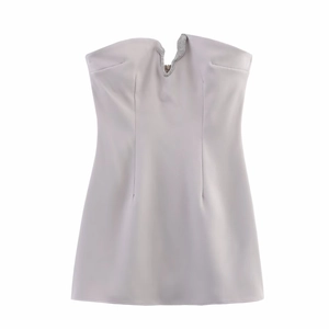 Sparkling rhinestone strapless mini dress in silver pink with V-notch neckline detail