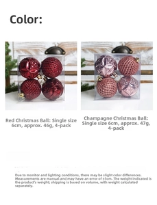 Detail of red and champagne 6cm Christmas balls with relief patterns and glitter finish