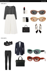 Flat lay of modern sunglasses with elegant dress collocation for men and women