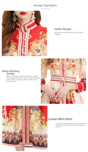 Detailopname van jurk met etnische print met opstaande kraag en riem in de taille