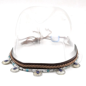 Detail view of ethnic hat band with turquoise beads and vintage metal charms