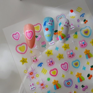 5D stereoscopic jelly nail art stickers with cute bunny and colorful heart patterns